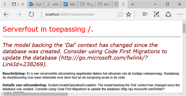 The model backing the Dal context has changed since the database was created